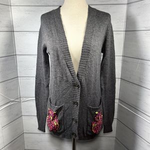 L'Amour Nanette Lepore Cardigan Knit Sweater Long Sleeve Owl Gray Size Medium